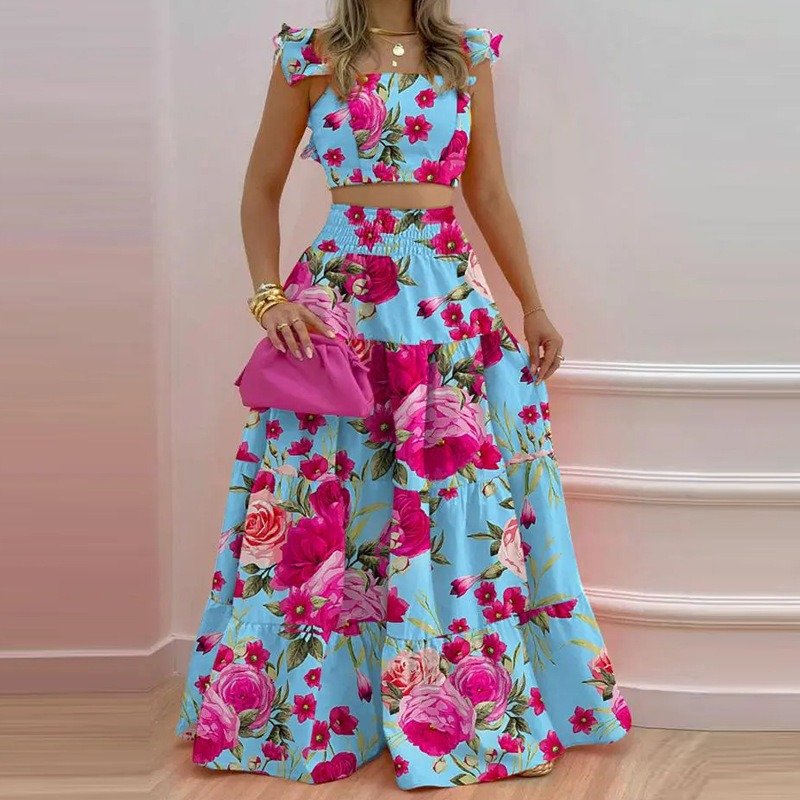 polyester women's sets long dresses solid color sets for women two pieces plus size women's sets summer Sexy lotus halter skirt