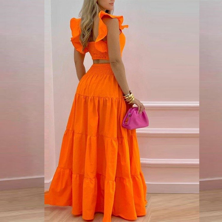 polyester women's sets long dresses solid color sets for women two pieces plus size women's sets summer Sexy lotus halter skirt