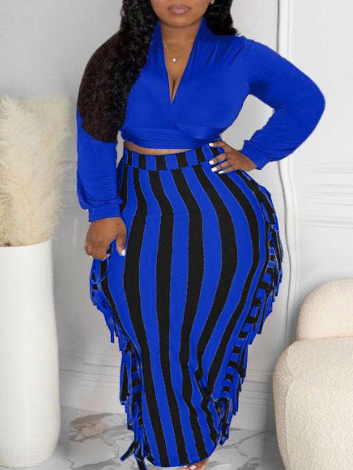 Women's Office Set Long Sleeve Crop Top and Striped Ruffle Skirt Two Piece Outfit for Work Wear Plus Size Clothes
