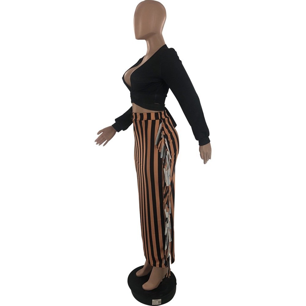 Women's Office Set Long Sleeve Crop Top and Striped Ruffle Skirt Two Piece Outfit for Work Wear Plus Size Clothes