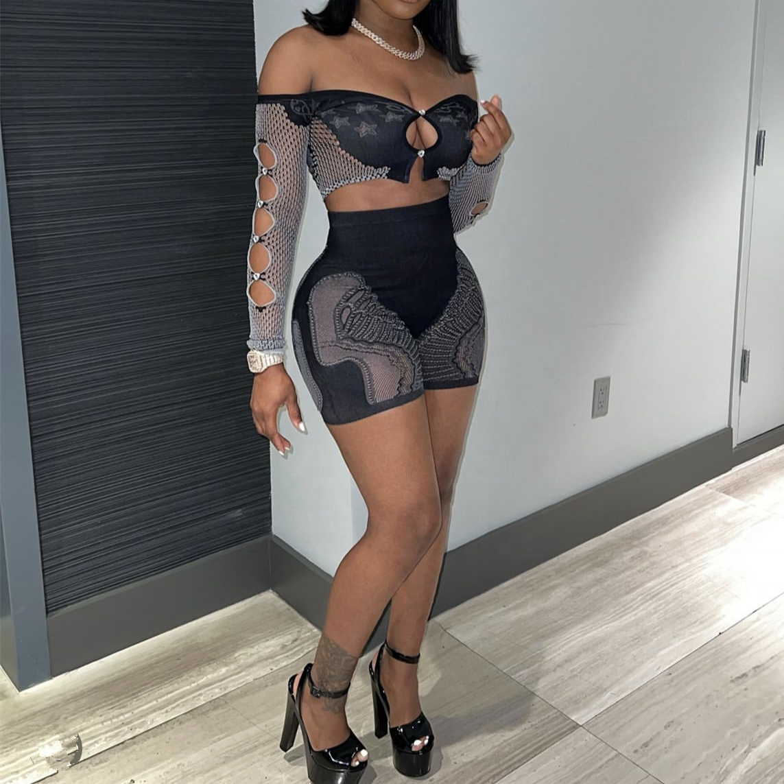 Fashion Hot Sexy Casual 2 Piece Off The Shoulder Hollow Out Crop Top Biker Short Two Piece Short Set Mesh Women's Sets