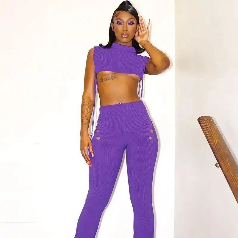 American clothing 2023 AliExpress spring new women's clothing solid color thread hollow out tied tracksuits yoga women's sets
