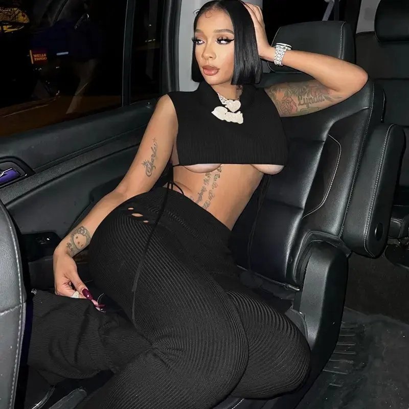 American clothing 2023 AliExpress spring new women's clothing solid color thread hollow out tied tracksuits yoga women's sets