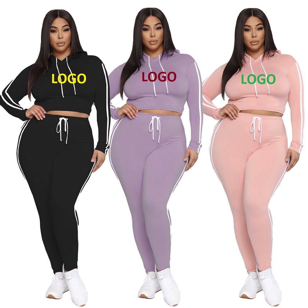 Plus Size Women'S Sets Long Sleeve Cropped Top Hoodie 2 Piece Jogger Set Side Stripe Two Piece Set Stripe Tracksuits With Side