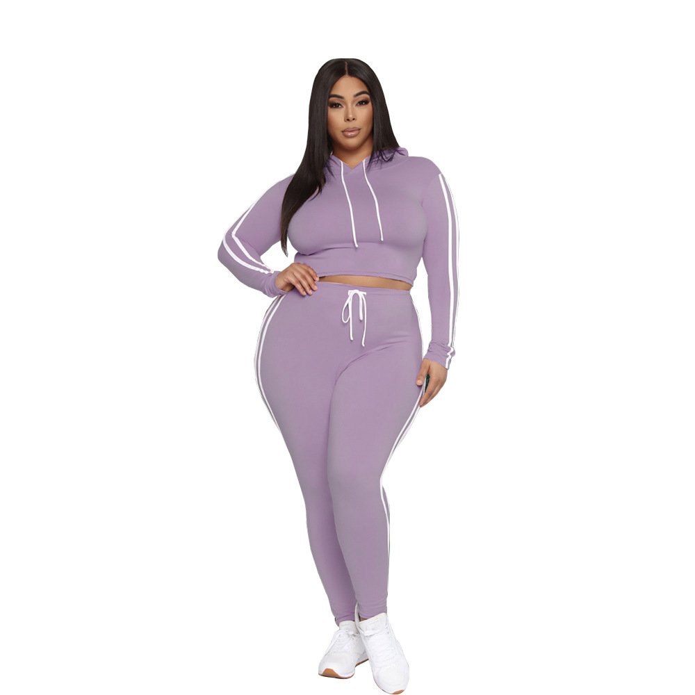 Plus Size Women'S Sets Long Sleeve Cropped Top Hoodie 2 Piece Jogger Set Side Stripe Two Piece Set Stripe Tracksuits With Side