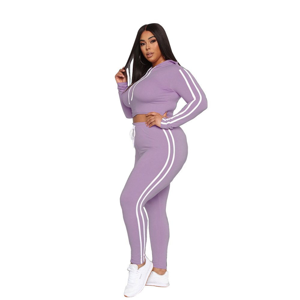 Plus Size Women'S Sets Long Sleeve Cropped Top Hoodie 2 Piece Jogger Set Side Stripe Two Piece Set Stripe Tracksuits With Side