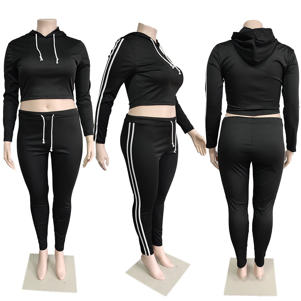 Plus Size Women'S Sets Long Sleeve Cropped Top Hoodie 2 Piece Jogger Set Side Stripe Two Piece Set Stripe Tracksuits With Side