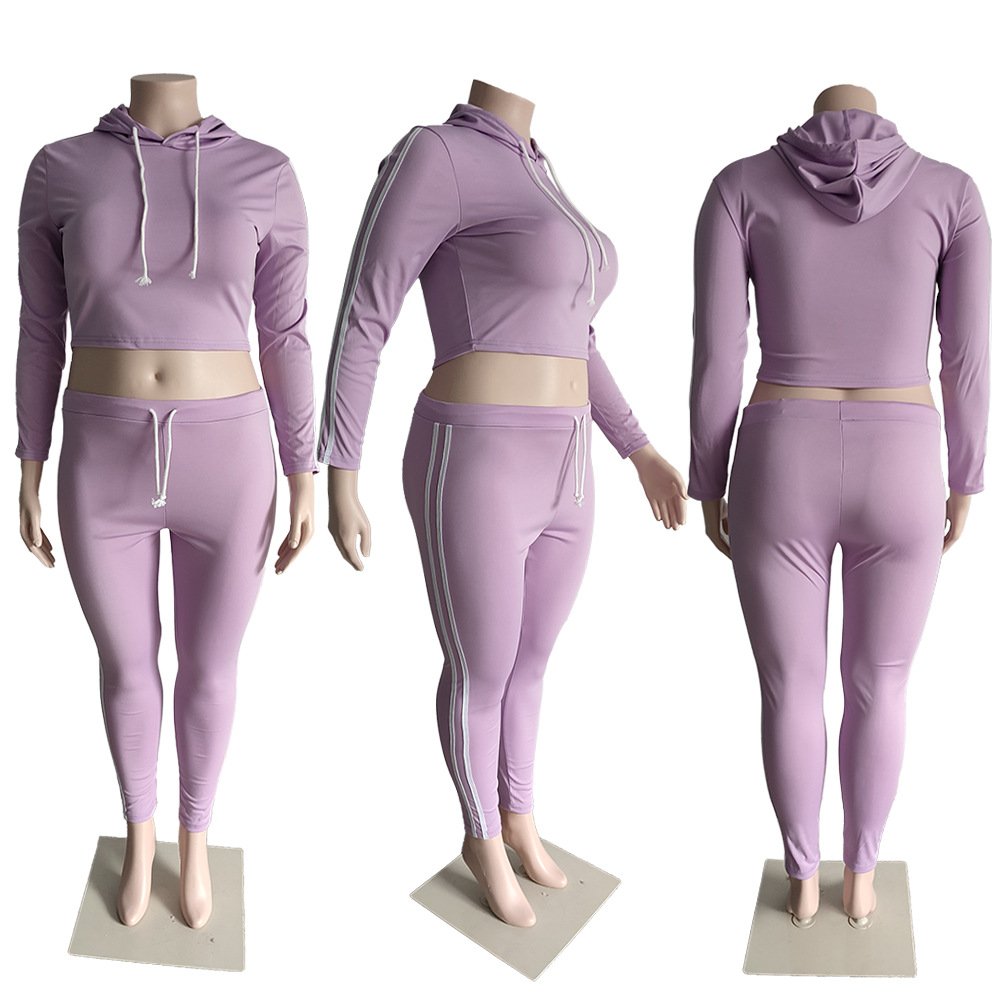 Plus Size Women'S Sets Long Sleeve Cropped Top Hoodie 2 Piece Jogger Set Side Stripe Two Piece Set Stripe Tracksuits With Side