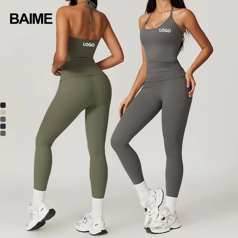 BAIME Custom Logo Women Halter Neck Sports Bra High Waist Yoga Leggings Set Sports Apparel Activewear Gym Fitness Workout Sets