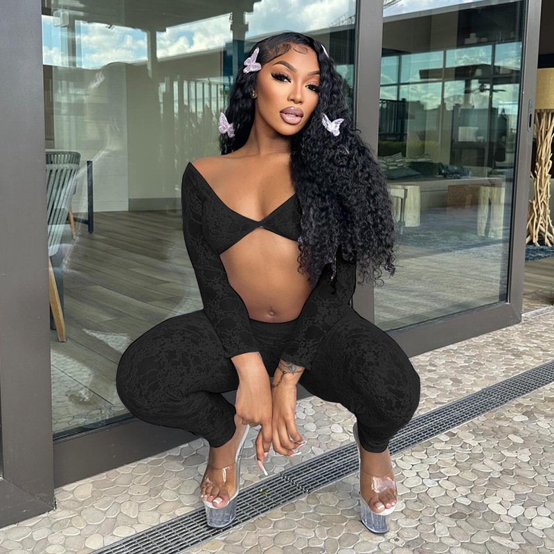 2024 Fall Lace Women Sets 2 Piece Sexy Long Sleeve Crop Top Tight High Waist Skinny Pants Solid Perspective Club Two Piece Set