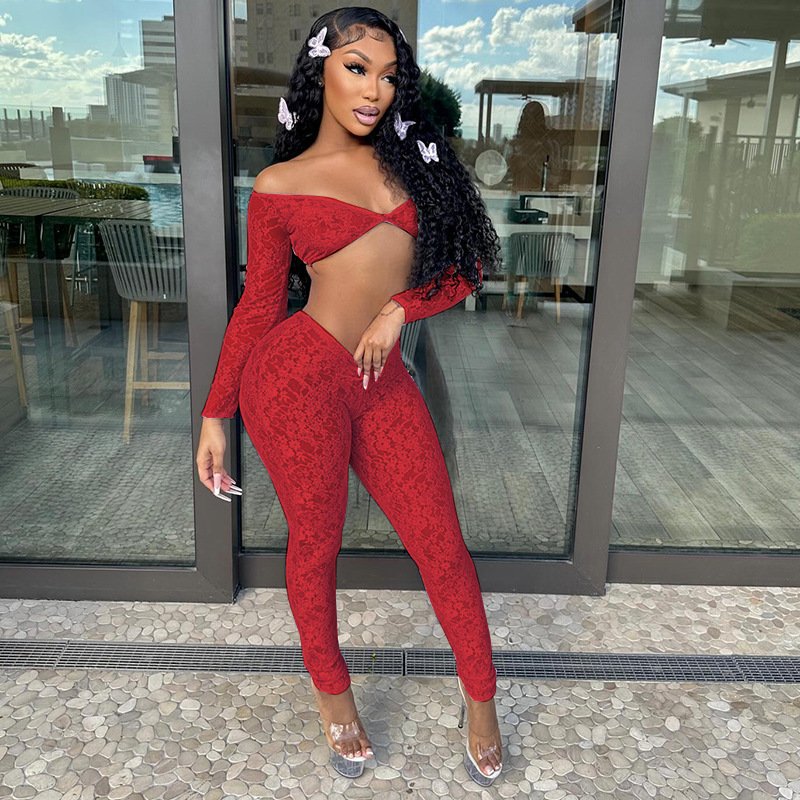 2024 Fall Lace Women Sets 2 Piece Sexy Long Sleeve Crop Top Tight High Waist Skinny Pants Solid Perspective Club Two Piece Set