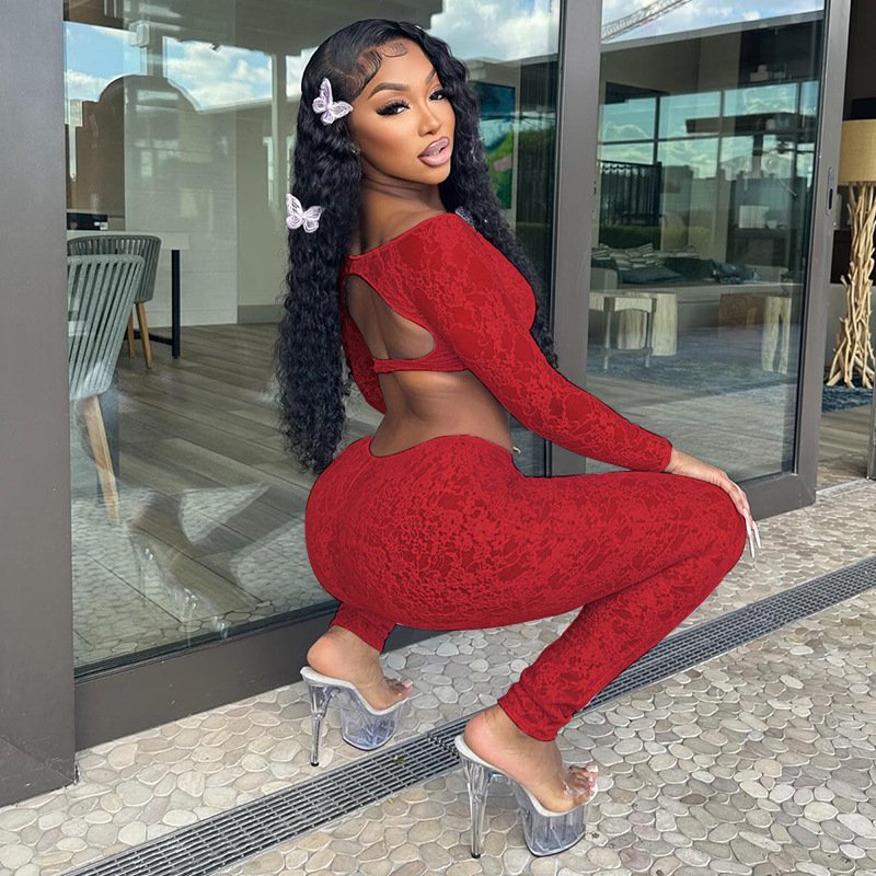 2024 Fall Lace Women Sets 2 Piece Sexy Long Sleeve Crop Top Tight High Waist Skinny Pants Solid Perspective Club Two Piece Set