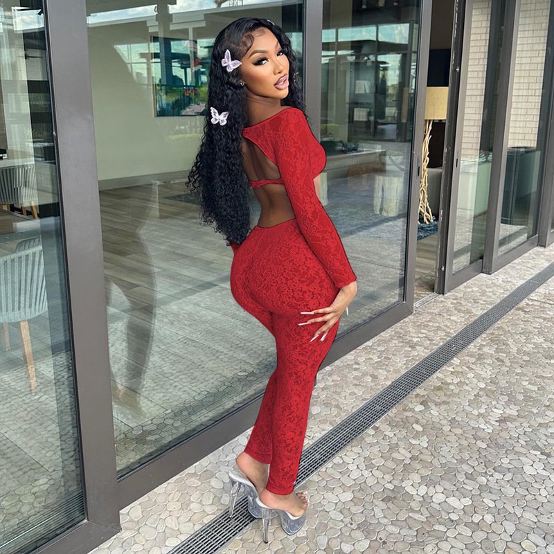 2024 Fall Lace Women Sets 2 Piece Sexy Long Sleeve Crop Top Tight High Waist Skinny Pants Solid Perspective Club Two Piece Set