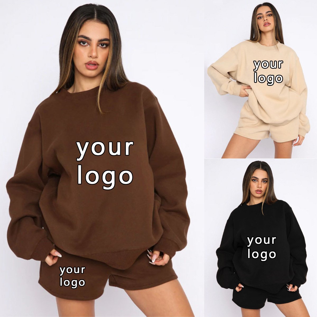 custom women's short 2 pcs oversized sweatpants and hoodies set pullover fleece 100% cotton high quality heavy weight hoodies