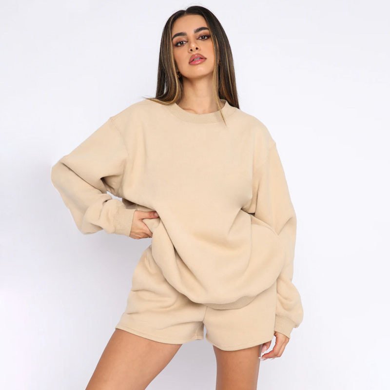 custom women's short 2 pcs oversized sweatpants and hoodies set pullover fleece 100% cotton high quality heavy weight hoodies
