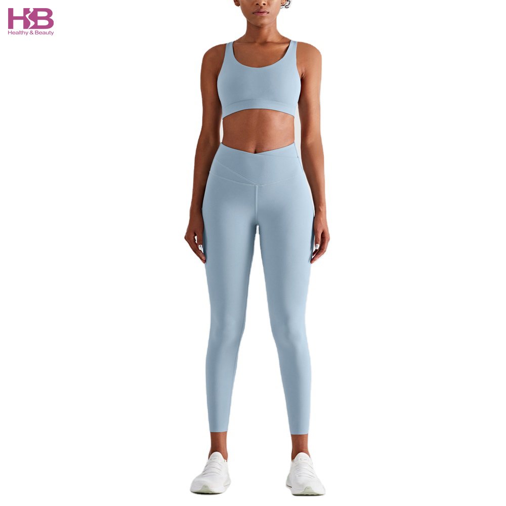 Yoga Apparel Gym Soft High Waisted Butt Lift Turquoise Front V Cut Yoga Leggings And Bra Sets