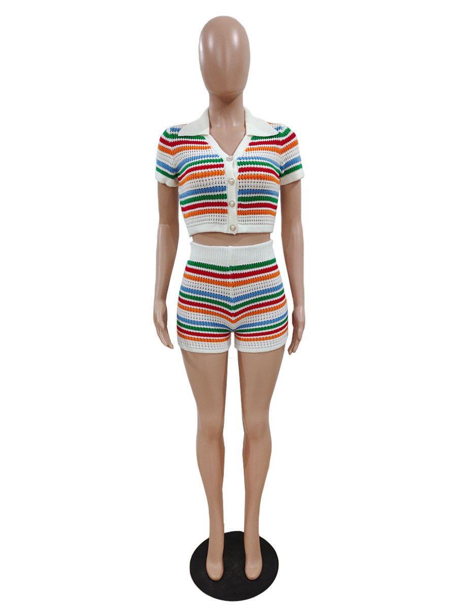 Fashion Women's Outfits Sweater Short Sleeve Jacket Crop Tops And Shorts Casual Elegant Sexy Knitted 2 Piece Set Women