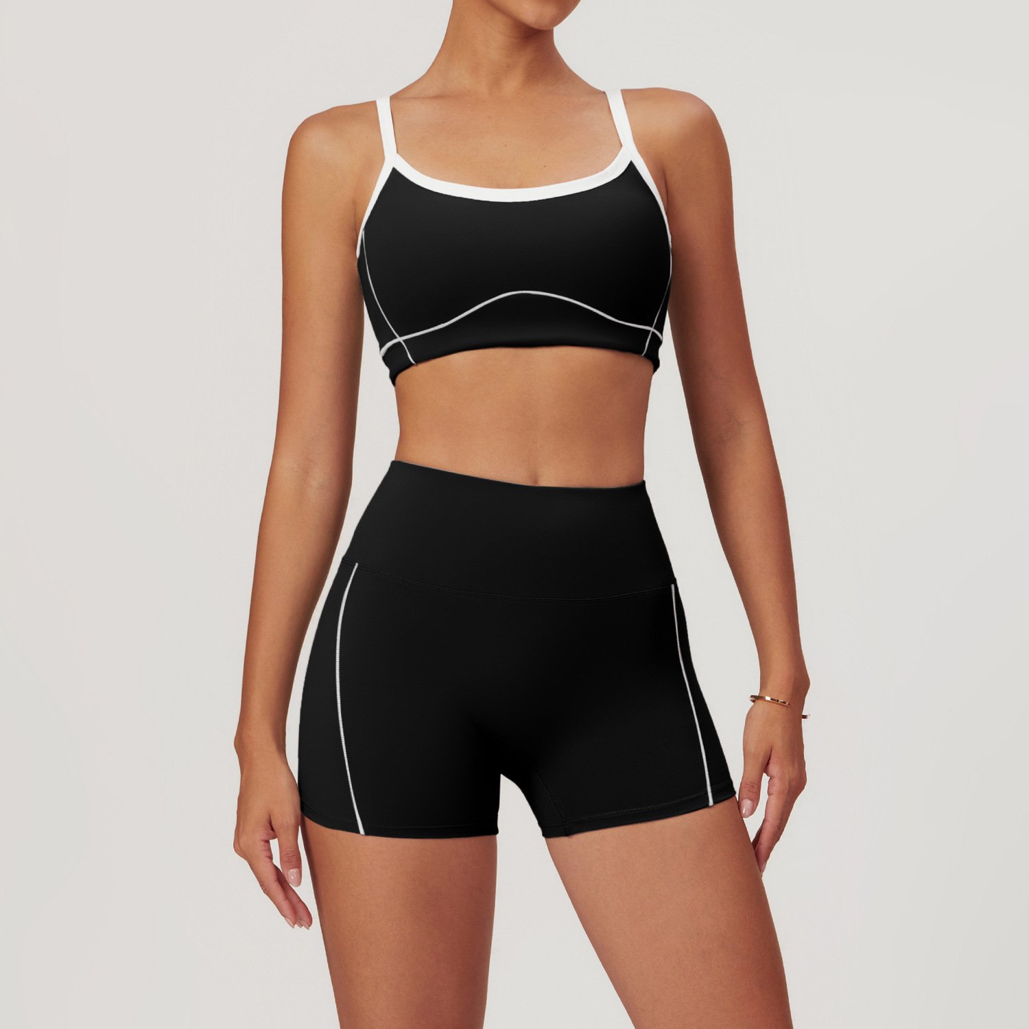 Wholesale Women's S-XL High Impact Sports Bra and No Front Seam Gym Shorts Breathable 2PCS Color Contrast Yoga Clothing
