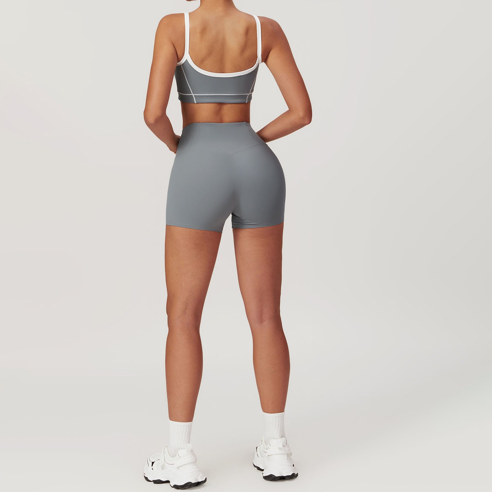 Wholesale Women's S-XL High Impact Sports Bra and No Front Seam Gym Shorts Breathable 2PCS Color Contrast Yoga Clothing