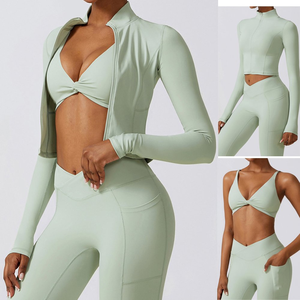 3 piece tracksuit set Custom logo sport top Breathable Quick Drying Jacket Bra & Legging with Pockets Women's Fitness yoga Set