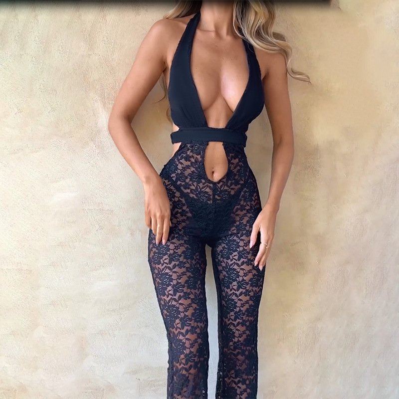 Summer new women's clothing ladies fashion hot girl slim hollow deep V lace pants sexy jumpsuit