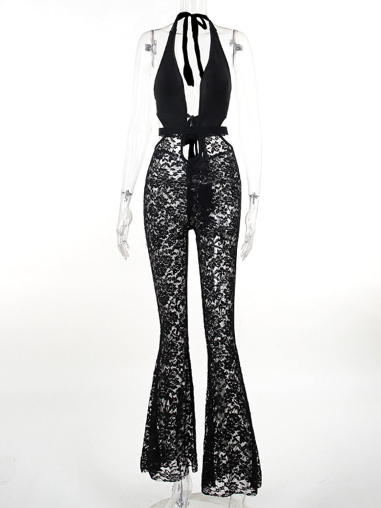 Summer new women's clothing ladies fashion hot girl slim hollow deep V lace pants sexy jumpsuit