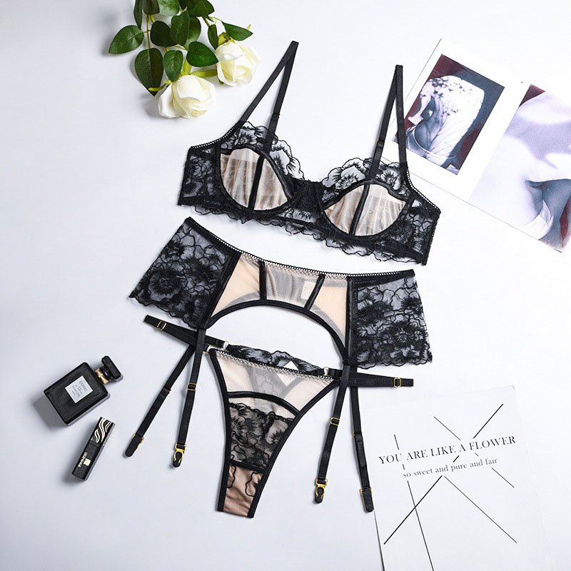 IHOOV Lace Mesh Black Embroidered With Steel Ring Gathers 3 Pcs women's thongs panty sexy Lingerie bra & brief sets