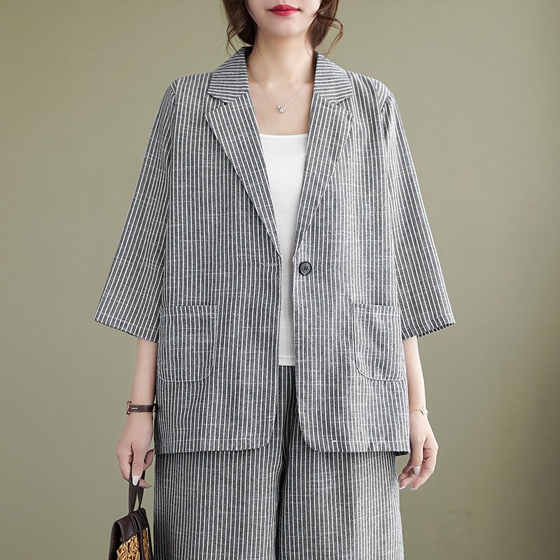 Boutique Wholesale 2024 Summer New Artistic Retro Striped Cotton and Linen Jacket Casual Versatile Pants Women's Set