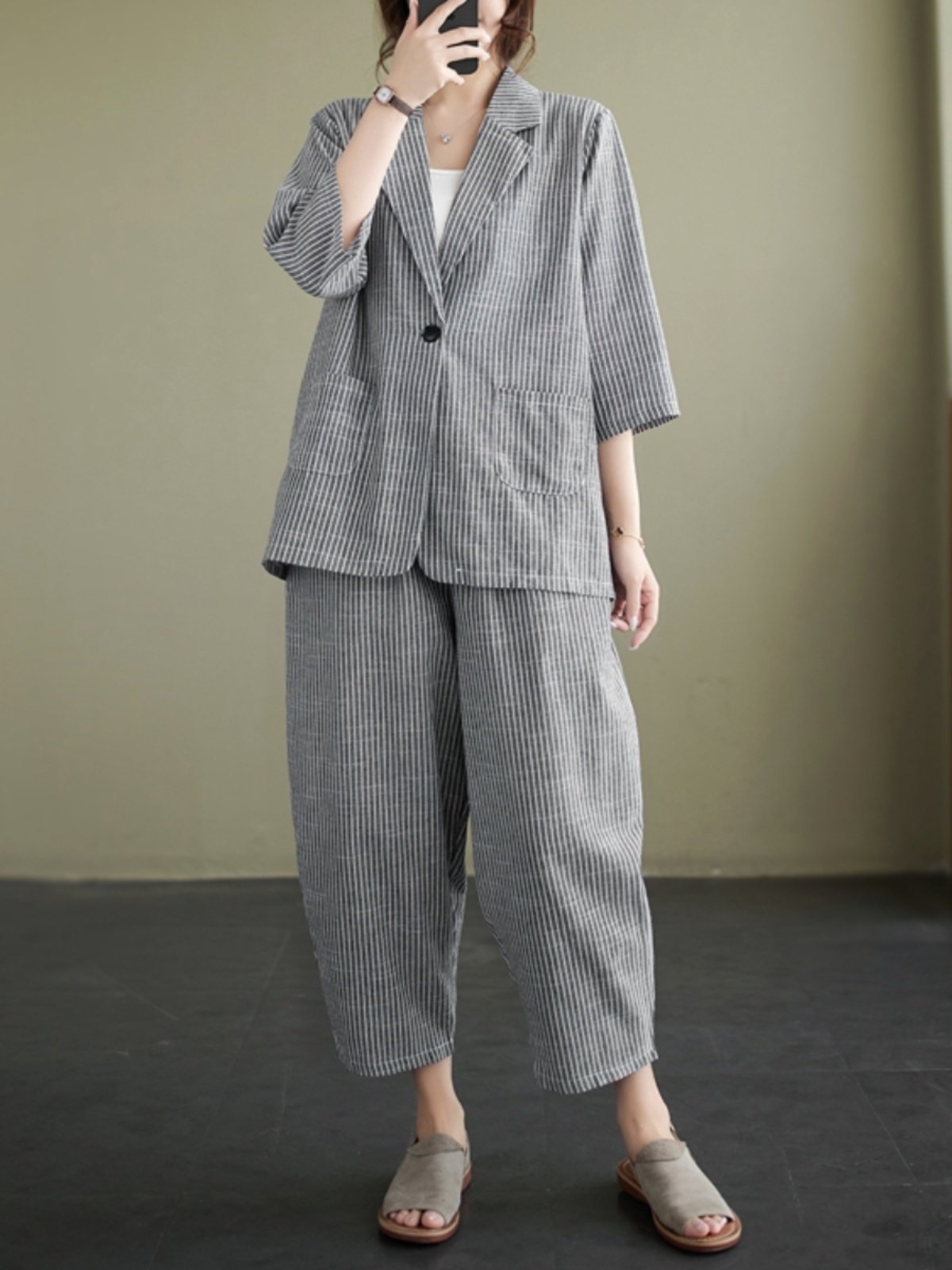 Boutique Wholesale 2024 Summer New Artistic Retro Striped Cotton and Linen Jacket Casual Versatile Pants Women's Set