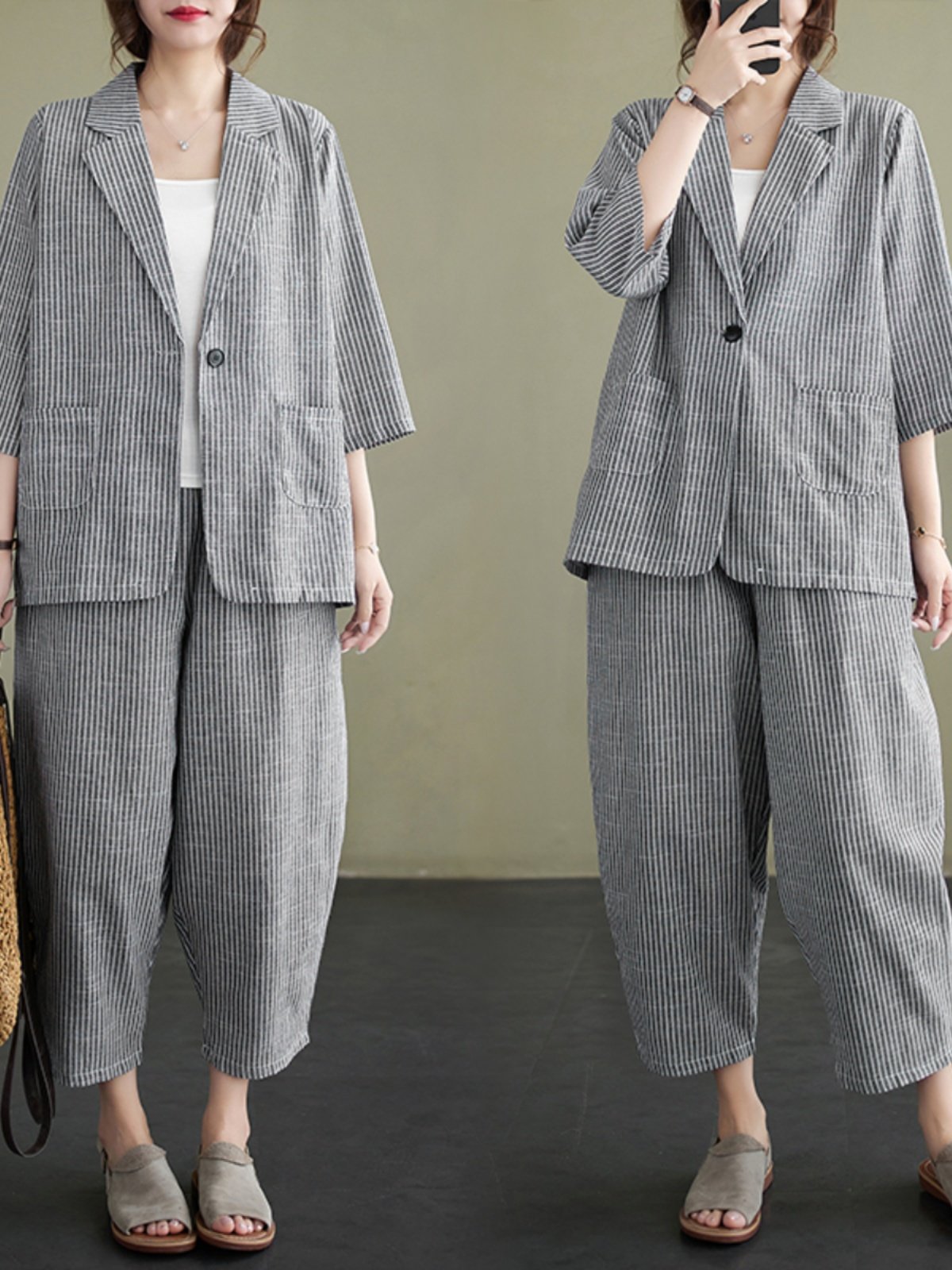 Boutique Wholesale 2024 Summer New Artistic Retro Striped Cotton and Linen Jacket Casual Versatile Pants Women's Set