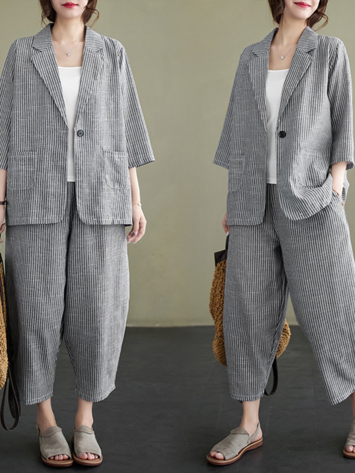 Boutique Wholesale 2024 Summer New Artistic Retro Striped Cotton and Linen Jacket Casual Versatile Pants Women's Set