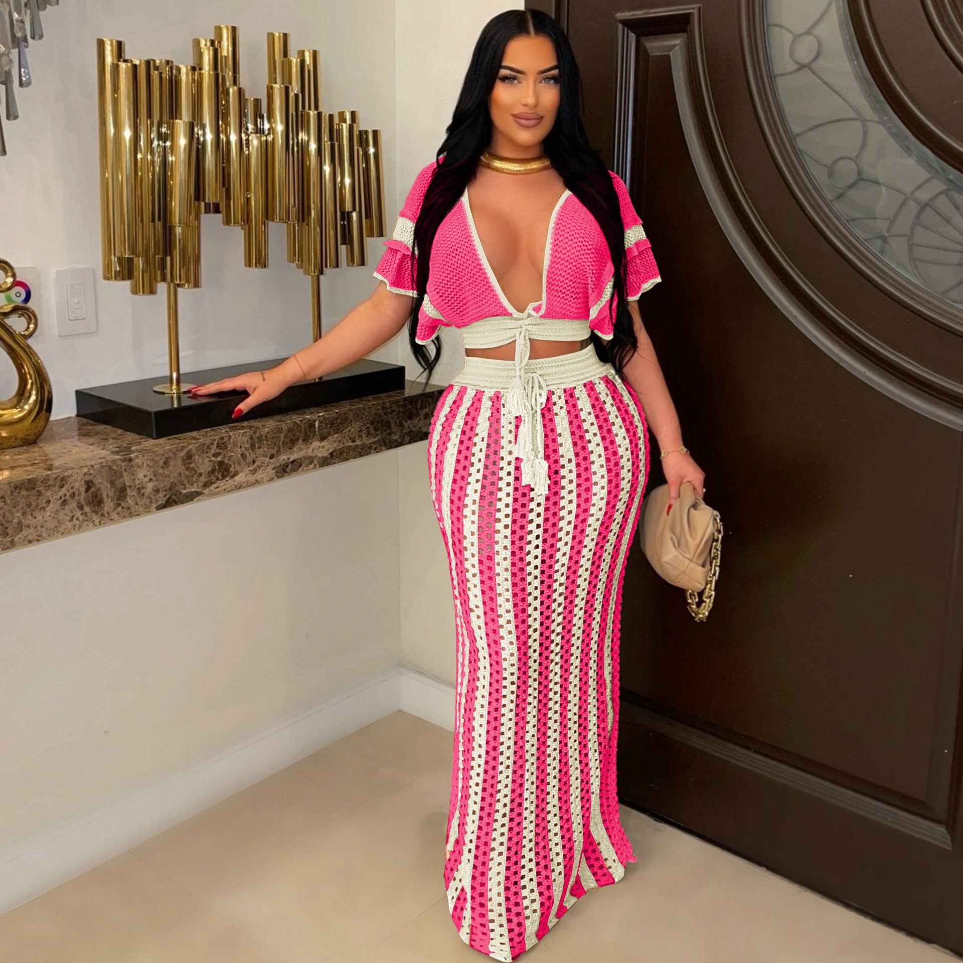 Fashion Summer Clothing Women Maxi Skirt Set Sexy V-neck Hollow Out Striped Knit Sweater Top Long Skirt Women 2 Piece Sets