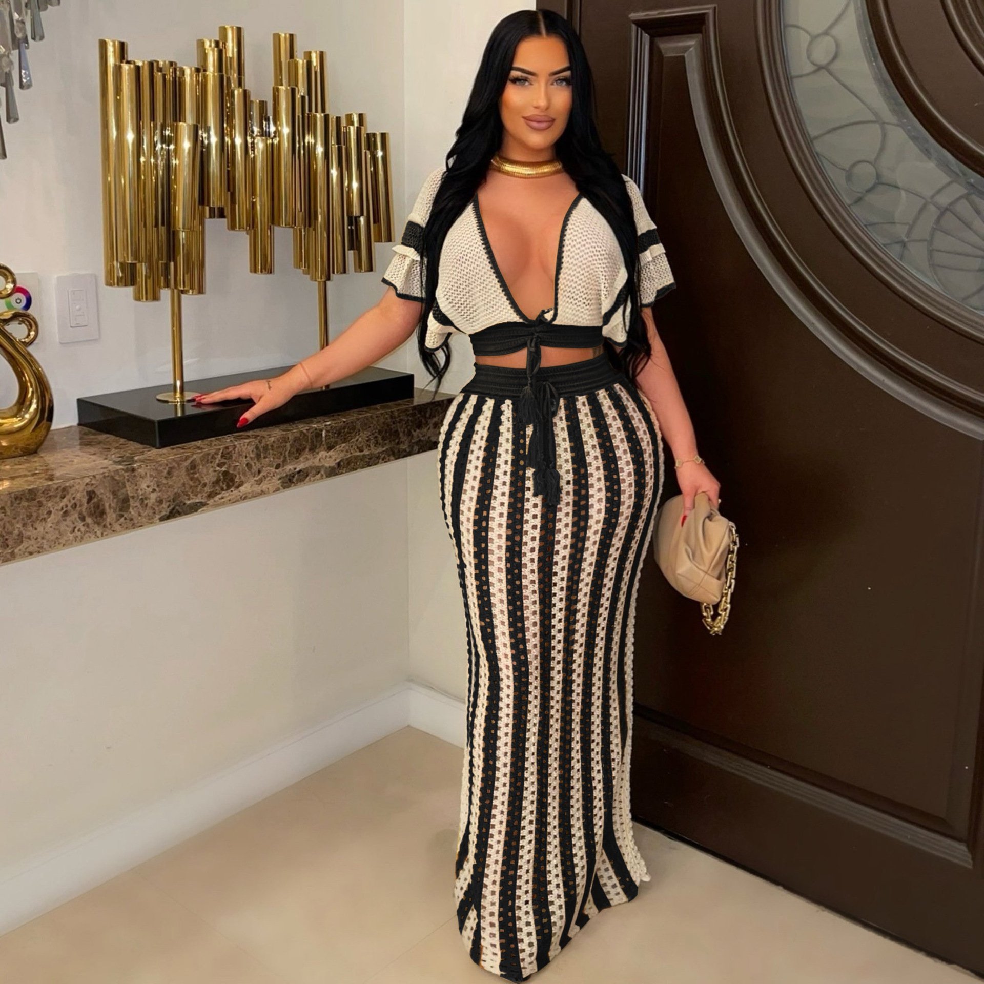 Fashion Summer Clothing Women Maxi Skirt Set Sexy V-neck Hollow Out Striped Knit Sweater Top Long Skirt Women 2 Piece Sets