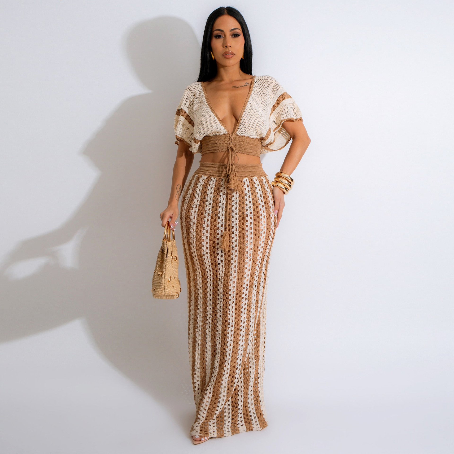 Fashion Summer Clothing Women Maxi Skirt Set Sexy V-neck Hollow Out Striped Knit Sweater Top Long Skirt Women 2 Piece Sets