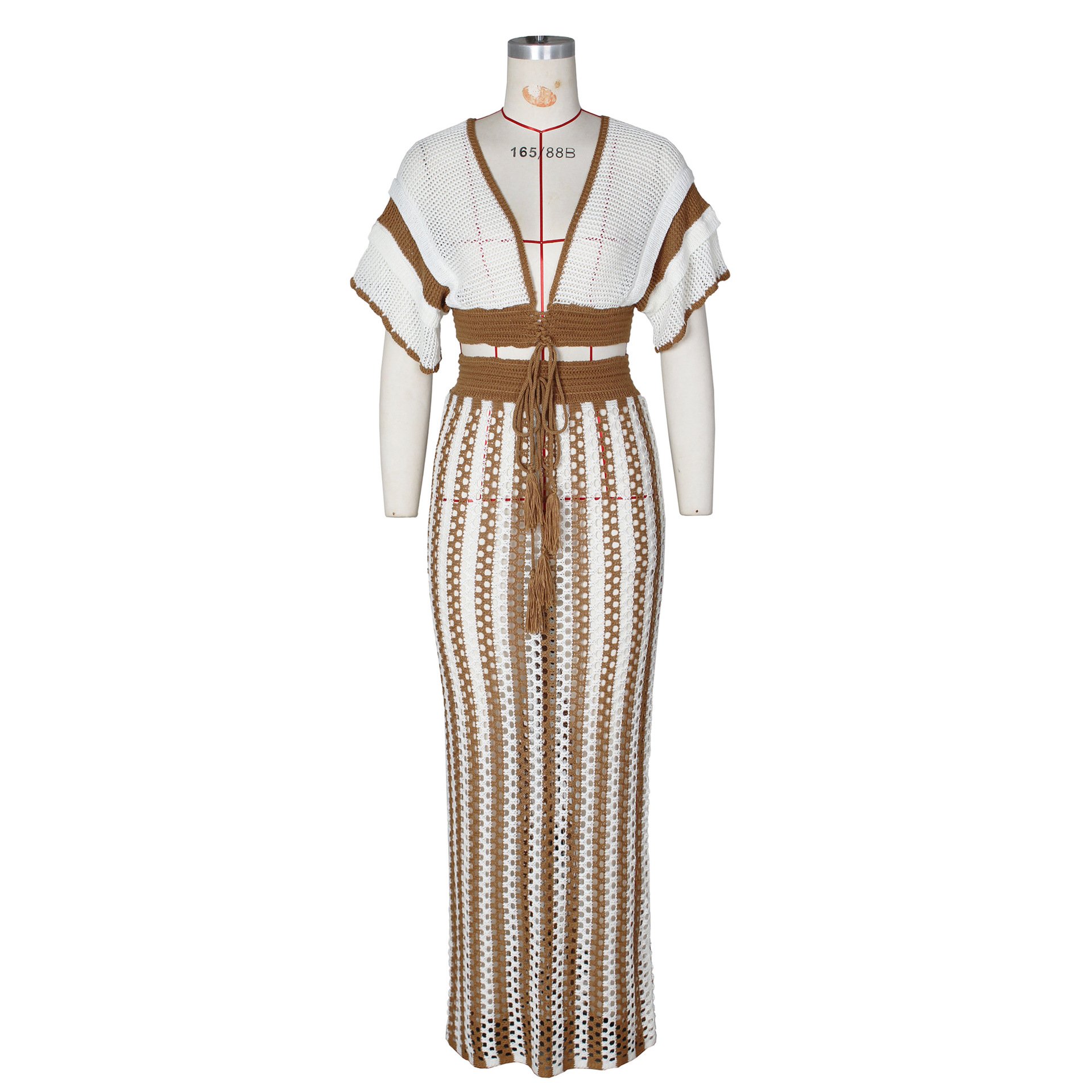 Fashion Summer Clothing Women Maxi Skirt Set Sexy V-neck Hollow Out Striped Knit Sweater Top Long Skirt Women 2 Piece Sets