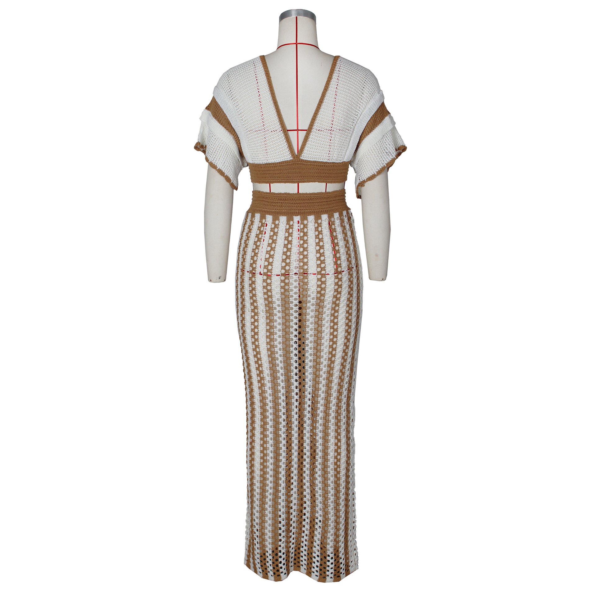Fashion Summer Clothing Women Maxi Skirt Set Sexy V-neck Hollow Out Striped Knit Sweater Top Long Skirt Women 2 Piece Sets