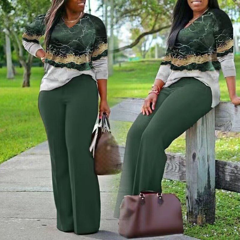 spring fall new plus size women clothing ladies casual long sleeve printing t shirt top pants two piece women's sets