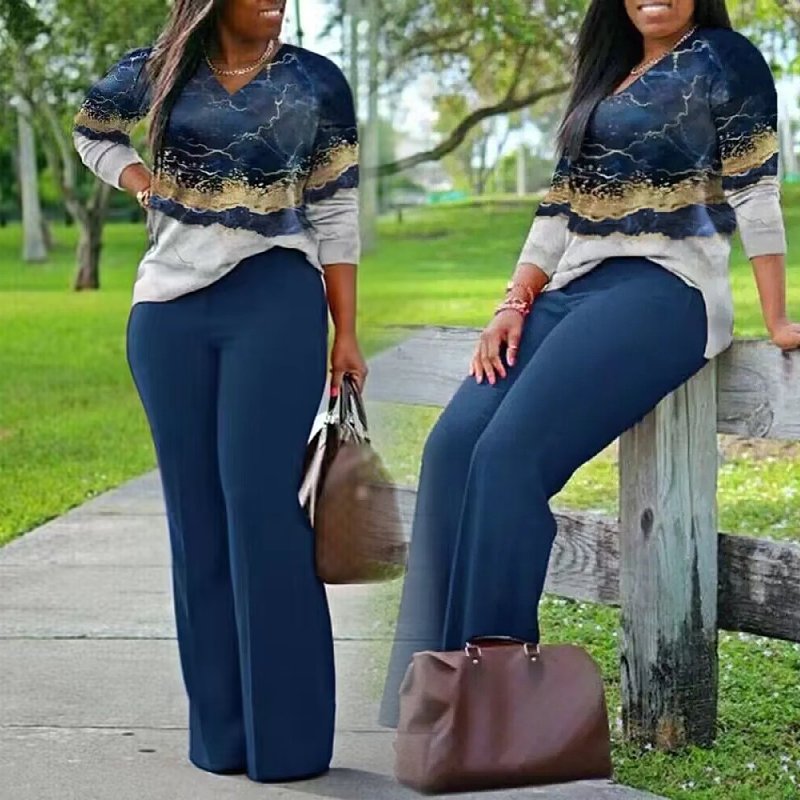 spring fall new plus size women clothing ladies casual long sleeve printing t shirt top pants two piece women's sets
