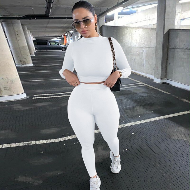 Women's Leisure long sleeve sports yoga suit solid color tights hip lift yoga cotton pants set