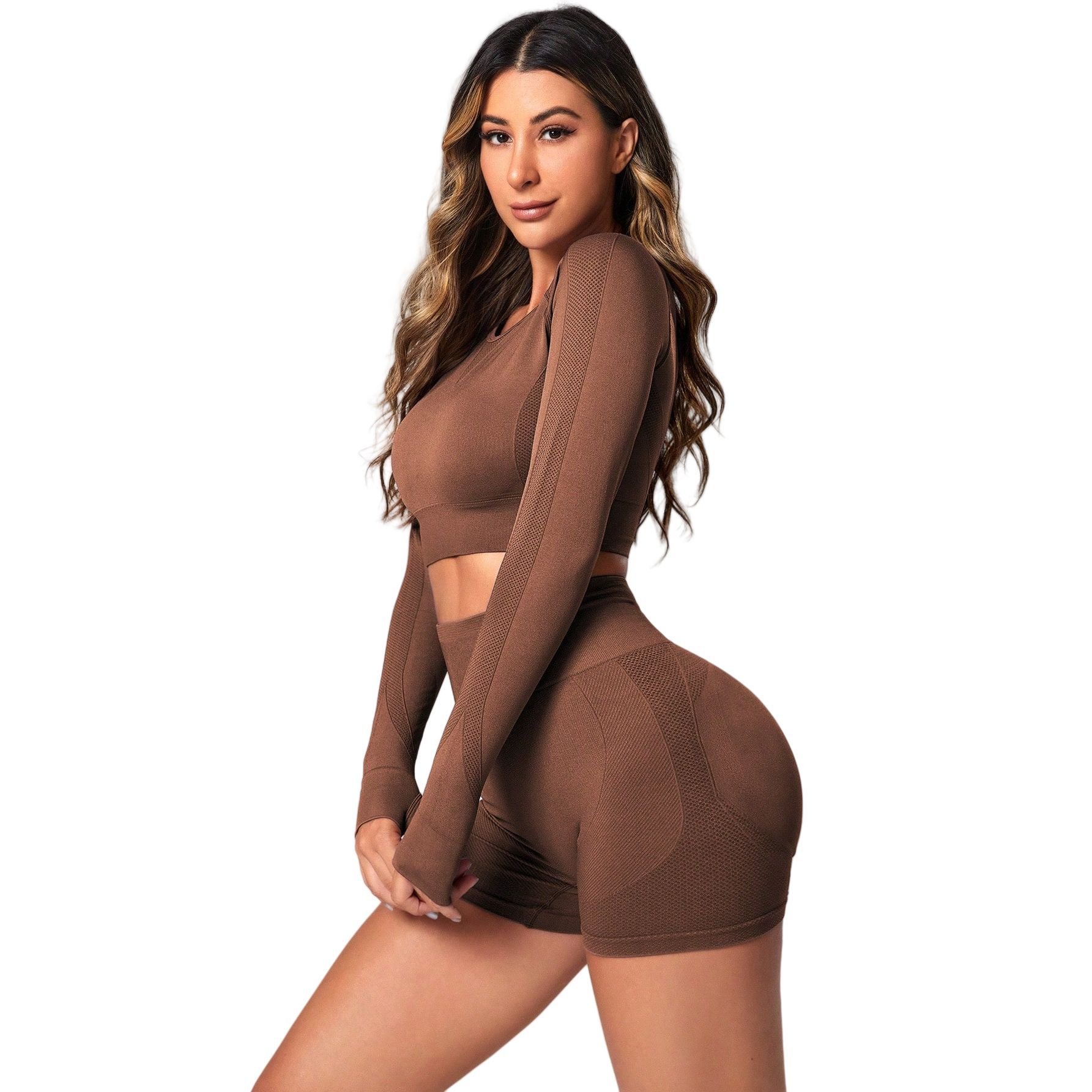 Women Athletic Wear Sexy Hollow Back Long Sleeves Tops 2 pieces suit Lift hip short leggings yoga work out sets for women
