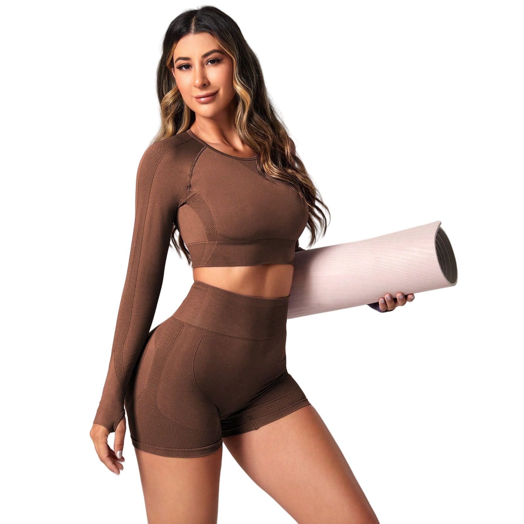 Women Athletic Wear Sexy Hollow Back Long Sleeves Tops 2 pieces suit Lift hip short leggings yoga work out sets for women