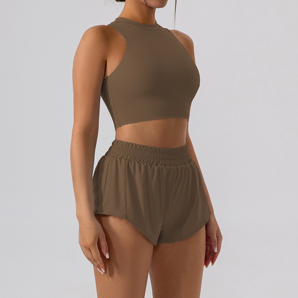 XW-YW510+KW303 Custom Breathable Gym Yoga Set Clothing High Neckline Top Waist Folds Shorts Fitness Sportswear Yoga Set