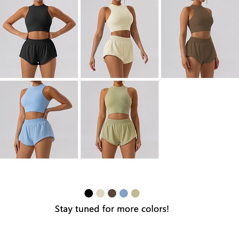 XW-YW510+KW303 Custom Breathable Gym Yoga Set Clothing High Neckline Top Waist Folds Shorts Fitness Sportswear Yoga Set