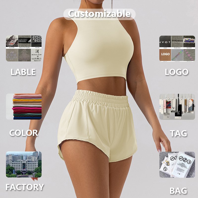 XW-YW510+KW303 Custom Breathable Gym Yoga Set Clothing High Neckline Top Waist Folds Shorts Fitness Sportswear Yoga Set