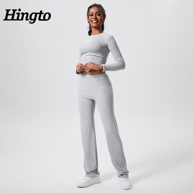 Wholesale Yoga Set Plus Size Women's 2 Piece Lounge Sets Long Sleeve Cropped Top And Flare Pants Active Wear Set High Quality