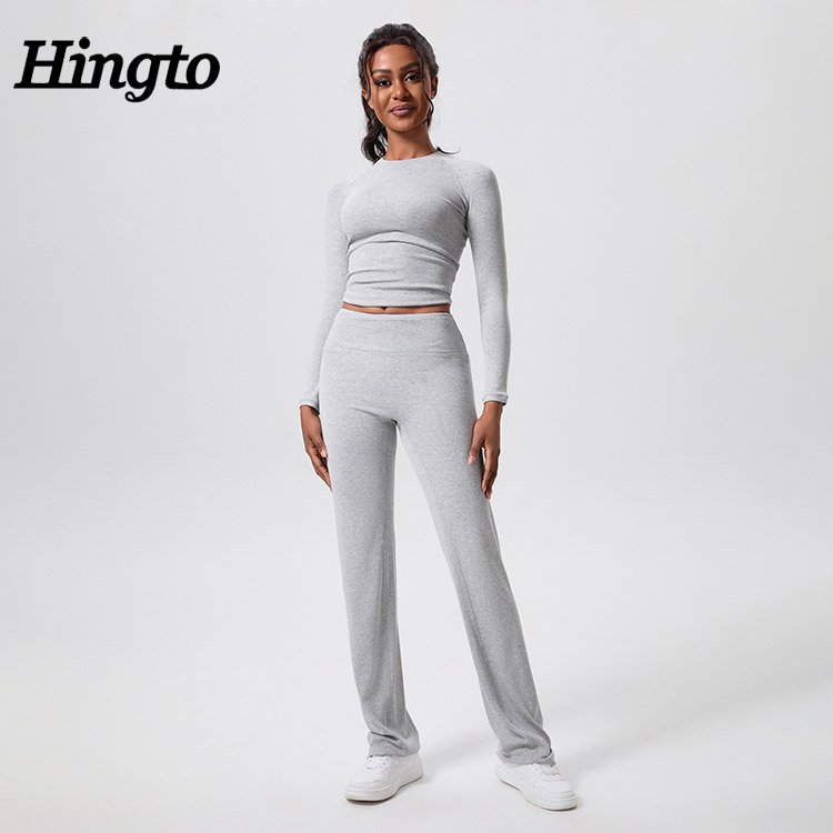 Wholesale Yoga Set Plus Size Women's 2 Piece Lounge Sets Long Sleeve Cropped Top And Flare Pants Active Wear Set High Quality