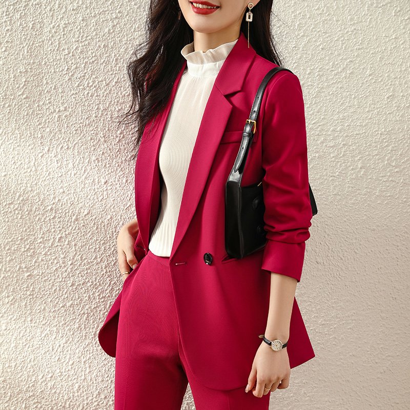 Amazon Women's High Quality Elegant Red Blazer Jacket Single Breasted Button Fur Casual Autumn Outwear Coats Fashion Suits Set
