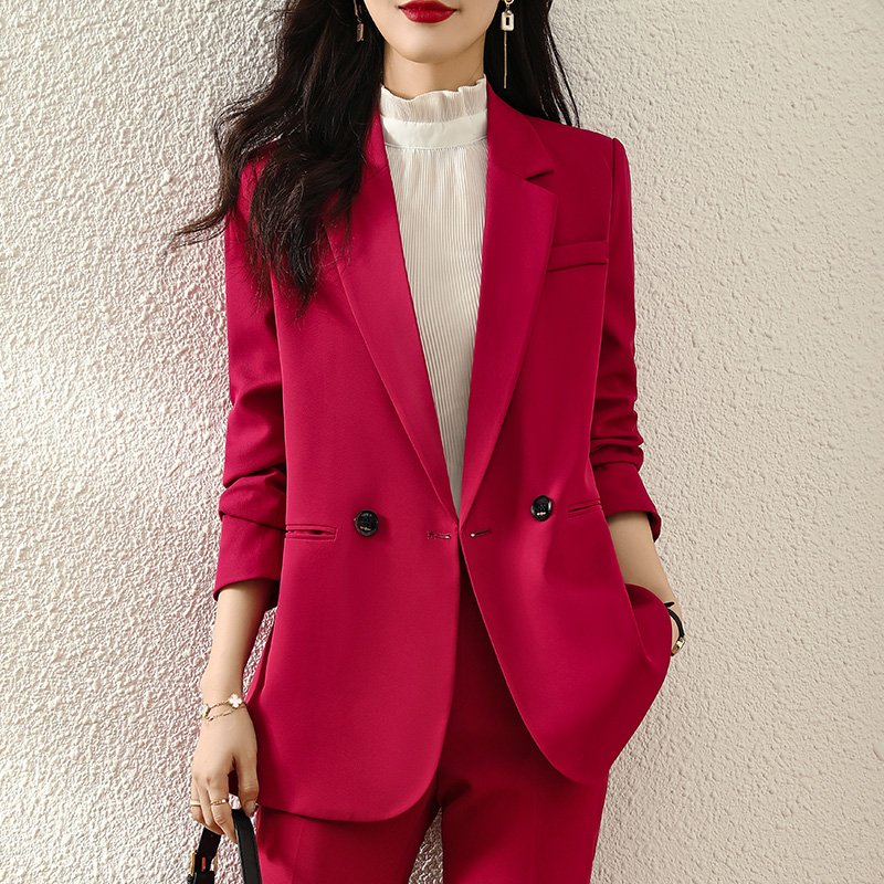 Amazon Women's High Quality Elegant Red Blazer Jacket Single Breasted Button Fur Casual Autumn Outwear Coats Fashion Suits Set
