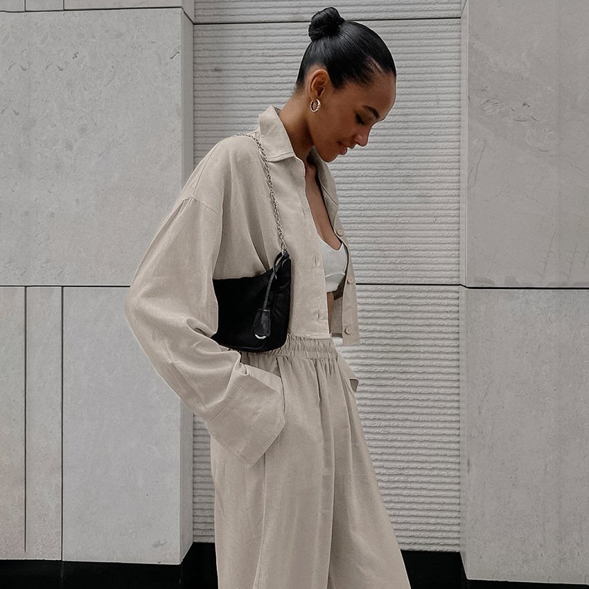 Enyami Custom Cotton Linen Women's Clothing 2 Piece Coord Set Women Long Sleeve Long Pant Short Top Casual Outfit Women's Sets