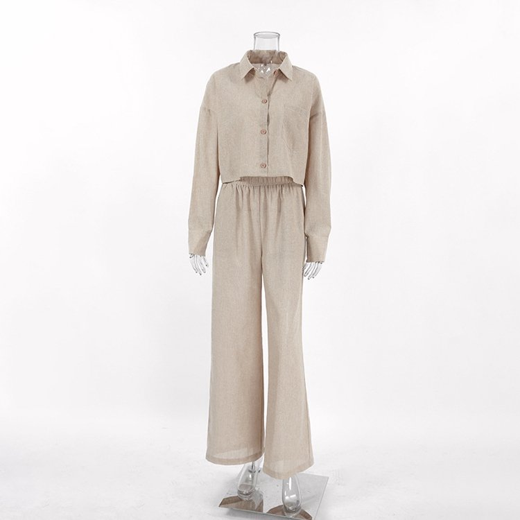 Enyami Custom Cotton Linen Women's Clothing 2 Piece Coord Set Women Long Sleeve Long Pant Short Top Casual Outfit Women's Sets